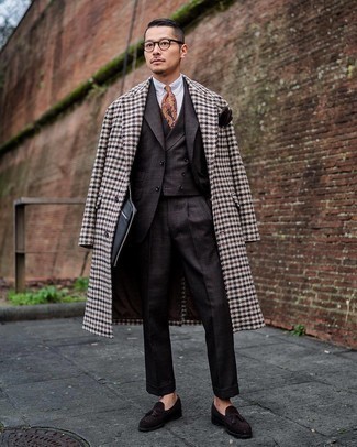 Dark Brown Check Three Piece Suit Outfits: Loving the way this combination of a dark brown check three piece suit and a brown gingham overcoat instantly makes a man look sharp and elegant. On the footwear front, this getup pairs nicely with dark brown suede tassel loafers.