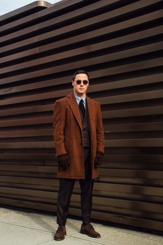 Dark Brown Check Overcoat Outfits: Dress in a dark brown check overcoat and a dark brown three piece suit and you're bound to make ladies swoon. Wondering how to round off? Add a pair of dark brown suede derby shoes to the mix for a more relaxed aesthetic.