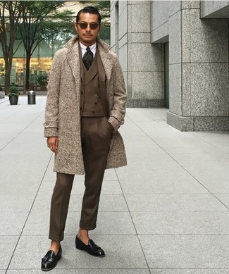 Brown Three Piece Suit Outfits: This pairing of a brown three piece suit and a camel overcoat speaks elegance and effortless style. In the footwear department, go for something on the casual end of the spectrum with black leather tassel loafers.
