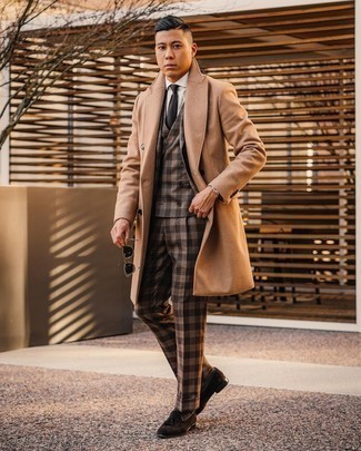 Three Piece Suit Outfits: Go for a three piece suit and a camel overcoat - this look is bound to make women swoon. Want to tone it down with shoes? Complete this outfit with a pair of dark brown suede tassel loafers for the day.