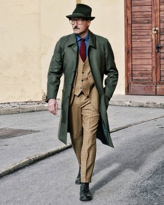 Dark Green Leather Brogue Boots Outfits: Putting together a dark green overcoat with a tan three piece suit is a wonderful option for a smart and sophisticated outfit. Take this look in a less formal direction by rounding off with dark green leather brogue boots.