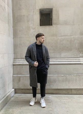 Charcoal Herringbone Overcoat Outfits: Such items as a charcoal herringbone overcoat and black chinos are an easy way to infuse a dash of rugged sophistication into your day-to-day casual repertoire. To introduce a mellow vibe to your ensemble, complement this look with white athletic shoes.