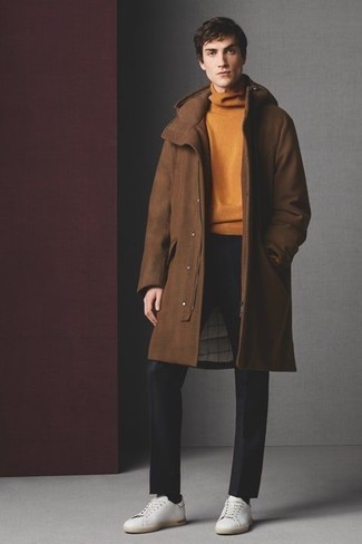 Black Socks Smart Casual Outfits For Men: If you're on a mission for a contemporary yet seriously stylish getup, dress in a brown overcoat and black socks. Complement this ensemble with white canvas low top sneakers and off you go looking dashing.