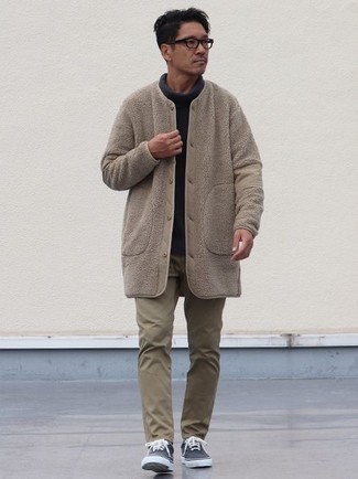 Grey Fleece Overcoat Outfits: Go for a simple but elegant choice pairing a grey fleece overcoat and olive chinos. Charcoal canvas low top sneakers can instantly dial down a polished look.