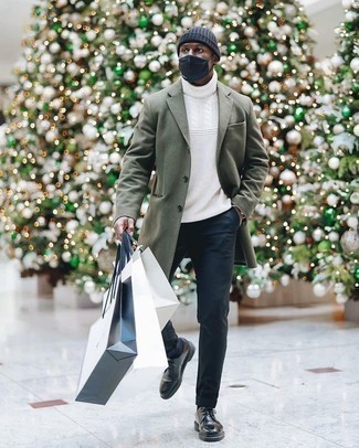White Knit Wool Turtleneck Outfits For Men: A white knit wool turtleneck and navy chinos are a nice combo worth having in your off-duty styling collection. Tap into some David Beckham dapperness and complete your look with a pair of black leather derby shoes.
