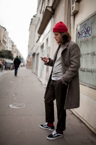 Men's Brown Overcoat, Grey Turtleneck, Black Chinos, Black and White Canvas Low Top Sneakers