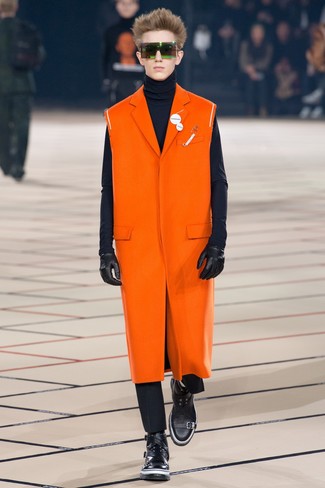 Men's Orange Overcoat, Navy Turtleneck, Black Chinos, Black Leather Casual Boots