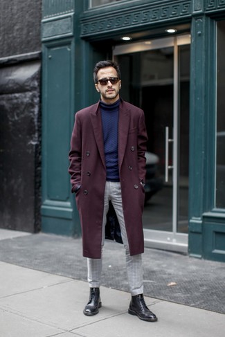 Black Leather Brogue Boots Outfits: For an effortlessly stylish outfit, pair a burgundy overcoat with grey check chinos — these two pieces play really well together. If you're not sure how to round off, a pair of black leather brogue boots is a never-failing option.
