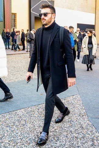 Black Canvas Backpack Outfits For Men: If you're looking for a contemporary yet stylish ensemble, consider teaming a black overcoat with a black canvas backpack. And if you wish to easily spruce up this outfit with a pair of shoes, why not complement this ensemble with a pair of charcoal leather double monks?