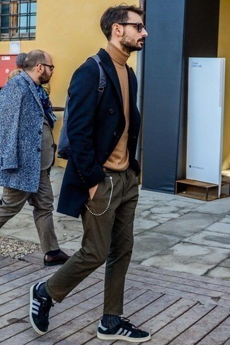 Men's Navy Overcoat, Tan Wool Turtleneck, Olive Chinos, Navy and White Suede Low Top Sneakers