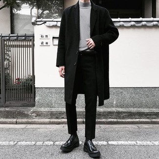 Black Chunky Leather Derby Shoes Outfits: A black overcoat and black chinos are the ideal way to infuse some elegance into your casual fashion mix. Not sure how to complete this ensemble? Wear a pair of black chunky leather derby shoes to ramp it up a notch.