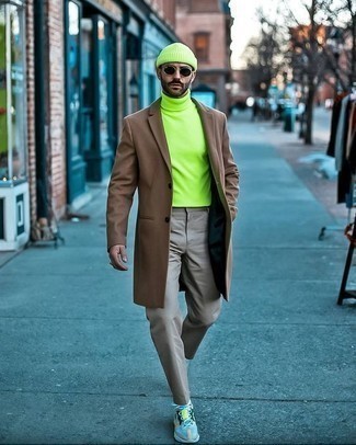 Men's Brown Overcoat, Green-Yellow Turtleneck, Grey Chinos, Light Blue Athletic Shoes