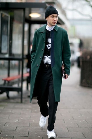 Olive Overcoat Outfits: When the occasion calls for a casually neat getup, you can rock an olive overcoat and black chinos. Go ahead and complete this ensemble with a pair of white athletic shoes for a more relaxed feel.