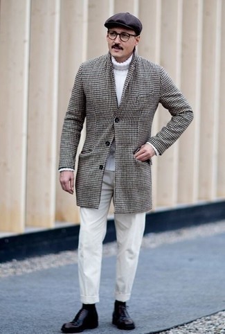 Men's Black and White Houndstooth Overcoat, White Knit Wool Turtleneck, White Chinos, Dark Purple Leather Oxford Shoes