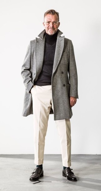 Charcoal Herringbone Overcoat Outfits: Such items as a charcoal herringbone overcoat and beige chinos are an easy way to introduce a hint of manly elegance into your current outfit choices. Get a bit experimental with footwear and add a pair of black leather double monks to the equation.