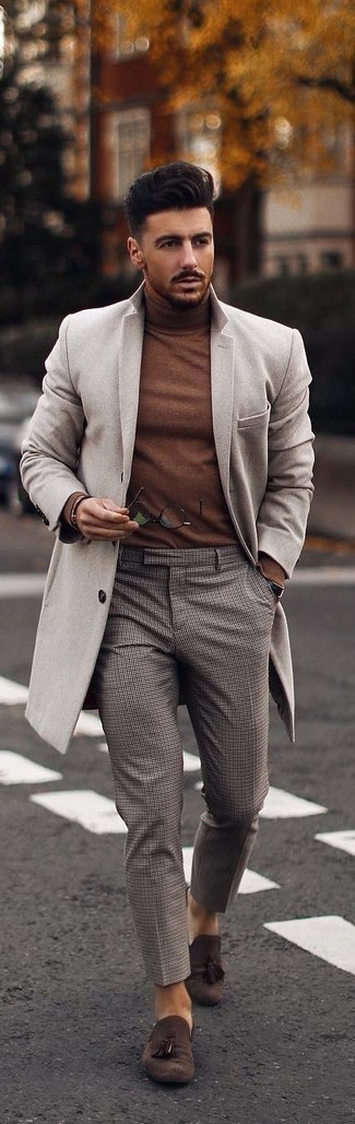 Charcoal Check Chinos Outfits: Combining a beige overcoat and charcoal check chinos is a guaranteed way to breathe rugged refinement into your day-to-day wardrobe. Bump up the appeal of this outfit by finishing with a pair of dark brown suede tassel loafers.