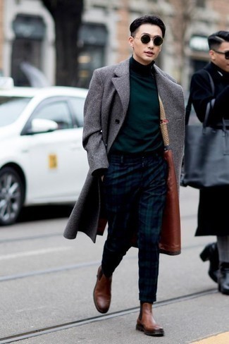 Men's Grey Overcoat, Dark Green Turtleneck, Navy and Green Plaid Chinos, Brown Leather Chelsea Boots
