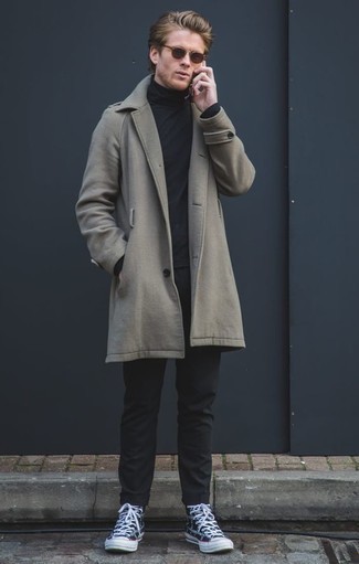 Blue Canvas High Top Sneakers Outfits For Men: For relaxed sophistication with a masculine twist, try teaming a grey overcoat with black chinos. Introduce a sense of stylish effortlessness to with blue canvas high top sneakers.