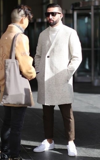 Men's White Overcoat, White Turtleneck, Dark Brown Chinos, White Leather Low Top Sneakers