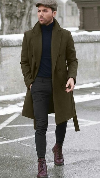 Olive Overcoat Outfits: Rock an olive overcoat with charcoal chinos and be prepared to be treated like a maverick in the menswear department. Burgundy leather casual boots act as the glue that pulls this outfit together.