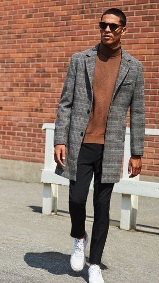 Men's Grey Plaid Overcoat, Brown Turtleneck, Black Chinos, White Canvas Low Top Sneakers