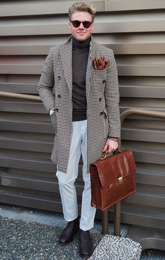 Men's Brown Check Overcoat, Charcoal Turtleneck, White Chinos, Dark Purple Leather Brogues