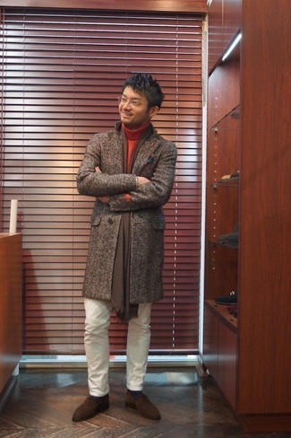 Dark Brown Herringbone Overcoat Outfits: This combo of a dark brown herringbone overcoat and white chinos oozes refined menswear style. Bring a different twist to this look by slipping into a pair of brown suede loafers.