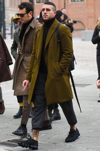 Olive Overcoat Outfits: This combo of an olive overcoat and charcoal chinos is a surefire option when you need to look effortlessly sleek in a flash. Let your outfit coordination chops really shine by rounding off your outfit with black athletic shoes.