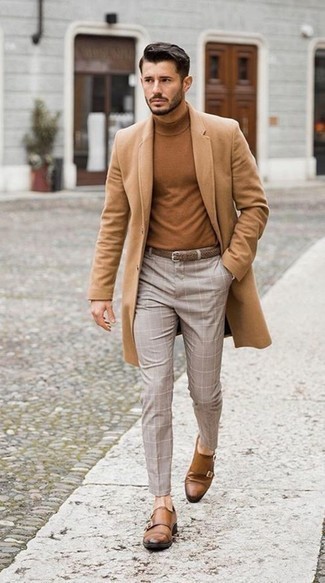 Beige Woven Leather Belt Outfits For Men: A camel overcoat and a beige woven leather belt are the ideal way to introduce effortless cool into your current off-duty fashion mix. Introduce a pair of tan leather double monks to the equation for a masculine aesthetic.