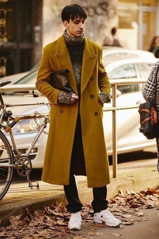 Men's Mustard Overcoat, Grey Knit Wool Turtleneck, Black Chinos, White Athletic Shoes