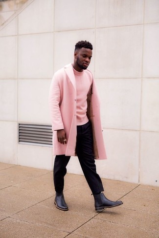 Pink Wool Turtleneck Outfits For Men: This combination of a pink wool turtleneck and black chinos is proof that a safe off-duty look doesn't have to be boring. Complete this ensemble with black leather chelsea boots to effortlessly boost the style factor of this getup.