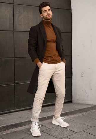 Men's Dark Brown Overcoat, Brown Turtleneck, Beige Chinos, Beige Athletic Shoes