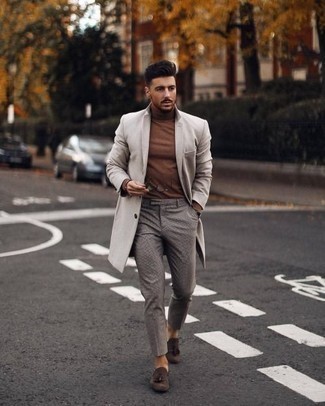 Brown Turtleneck Outfits For Men: Go for casually cool style in a brown turtleneck and grey chinos. Brown suede tassel loafers are guaranteed to inject an added dose of style into your outfit.