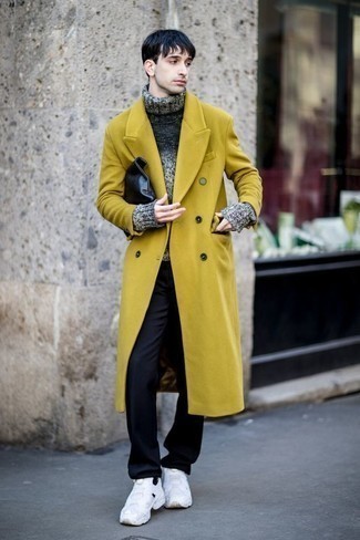 Orange Overcoat Outfits: Go for a straightforward yet sharp look by marrying an orange overcoat and navy chinos. Introduce a pair of white athletic shoes to the equation to immediately kick up the fashion factor of your getup.