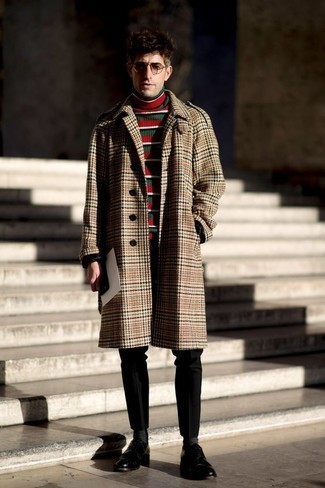 Men's Camel Houndstooth Overcoat, Multi colored Horizontal Striped Turtleneck, Black Chinos, Black Leather Derby Shoes