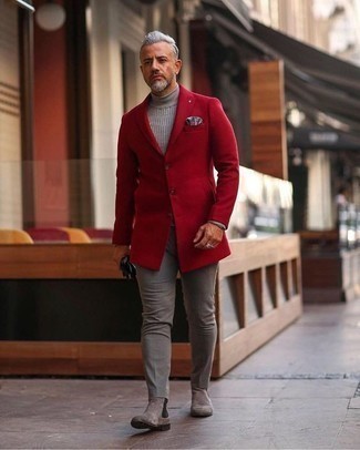Men's Red Overcoat, Grey Wool Turtleneck, Grey Chinos, Grey Suede Chelsea Boots