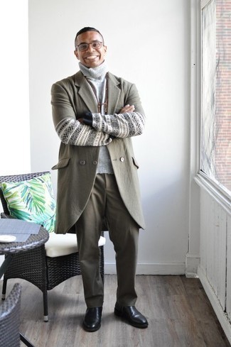 Men's Olive Overcoat, Grey Wool Turtleneck, Olive Chinos, Black Leather Chelsea Boots