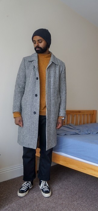 Men's Grey Check Overcoat, Tobacco Turtleneck, Navy Chinos, Navy and White Canvas High Top Sneakers