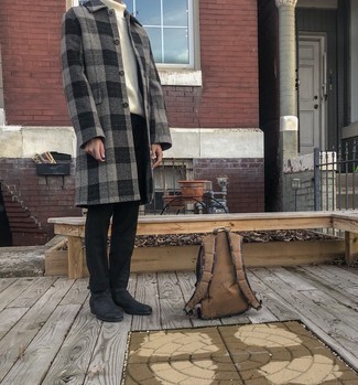 Tan Canvas Backpack Outfits For Men: We're all in search of functionality when it comes to styling, and this bold casual pairing of a grey plaid overcoat and a tan canvas backpack is a practical example of that. For extra style points, add a pair of black leather chelsea boots.