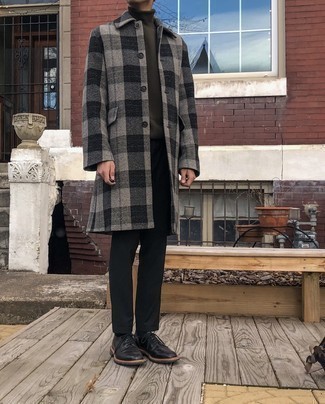 Grey Plaid Overcoat Outfits: The go-to for effortlessly classic menswear style? A grey plaid overcoat with black chinos. Black leather derby shoes are an easy way to breathe an added dose of style into your ensemble.