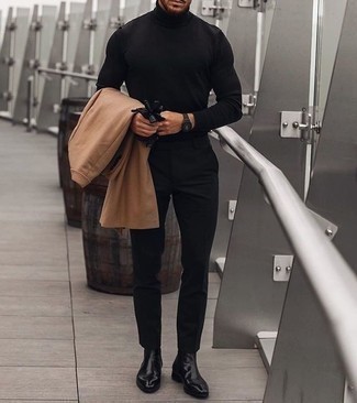 Black Chinos Cold Weather Outfits: A camel overcoat and black chinos are the kind of a fail-safe combo that you so terribly need when you have zero time to dress up. Get a little creative with footwear and spruce up this look by finishing with black leather chelsea boots.