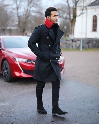 Black Chinos Cold Weather Outfits: Up your styling game in a navy overcoat and black chinos. For a dressier touch, why not add a pair of black suede chelsea boots to the mix?