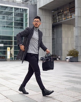 Grey Plaid Overcoat Outfits: For a winning semi-casual option, you can rely on this combo of a grey plaid overcoat and black chinos. If you need to instantly step up this look with a pair of shoes, complement this ensemble with a pair of black leather chelsea boots.