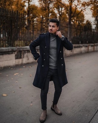 Grey Knit Wool Turtleneck Outfits For Men: For a casual getup, go for a grey knit wool turtleneck and charcoal chinos — these two pieces play really well together. Brown suede chelsea boots are an effective way to bring an extra touch of elegance to this look.