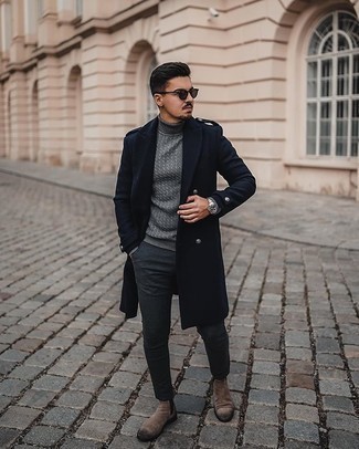 Grey Knit Turtleneck Outfits For Men: For a laid-back getup, pair a grey knit turtleneck with charcoal chinos — these two pieces fit pretty good together. Finishing off with a pair of brown suede chelsea boots is a guaranteed way to give an extra touch of sophistication to your look.