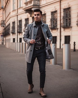 Navy Sunglasses Outfits For Men: Such staples as a grey overcoat and navy sunglasses are the ideal way to inject some cool into your current routine. Rounding off with brown suede chelsea boots is a surefire way to add a bit of flair to this ensemble.