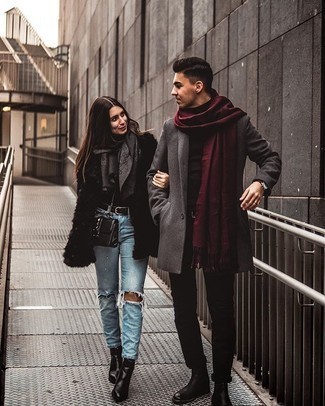 Burgundy Scarf Outfits For Men: We're all seeking practicality when it comes to styling, and this edgy pairing of a charcoal overcoat and a burgundy scarf is a perfect example of that. Black leather chelsea boots will bring a dash of polish to an otherwise mostly casual ensemble.