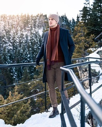 Brown Turtleneck Outfits For Men: A brown turtleneck and khaki chinos paired together are the perfect outfit for those who appreciate off-duty getups. To give your getup a more sophisticated vibe, why not complement your getup with a pair of black leather casual boots?