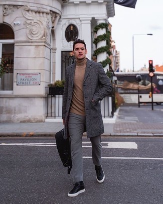 Grey Plaid Overcoat Outfits: This combo of a grey plaid overcoat and grey chinos couldn't possibly come across other than outrageously stylish and effortlessly sleek. Tone down this look by rounding off with a pair of black leather low top sneakers.