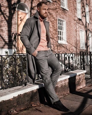 Hot Pink Wool Turtleneck Outfits For Men: You're looking at the hard proof that a hot pink wool turtleneck and grey chinos look amazing when you pair them in a relaxed ensemble. To add some extra definition to your ensemble, introduce a pair of black suede chelsea boots to the equation.